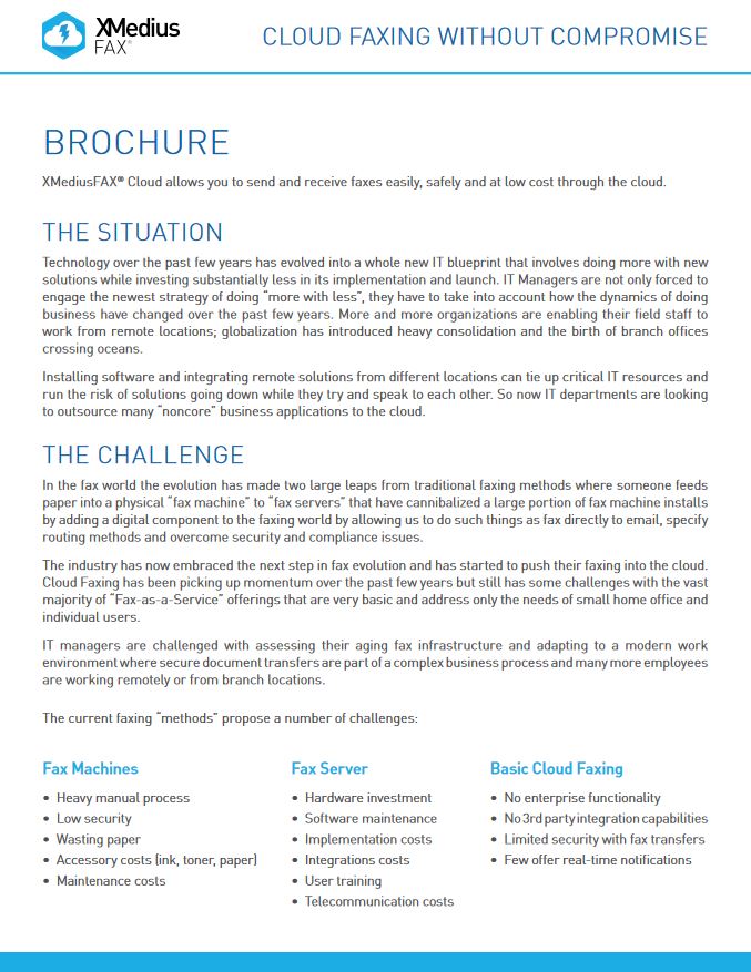 Xmmedius Cloud Fax Brochure Cover, XMedius Fax, XCL Business Technologies, Xerox, Dell, Islandia, NY, Long Island